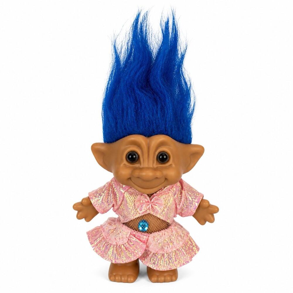 VTG Ace Novelty Troll Cobalt Blue Hair Jewel Belly Heart Diamond With Outfit